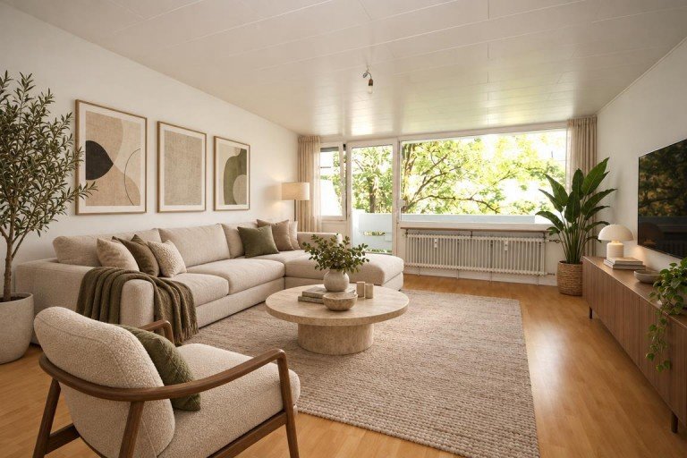 Wohnzimmer KI Bild M�nchen Etagenwohnung Zentral & ruhig: Ger�umige 2-Zimmer-Wohnung mit idealer Aufteilung