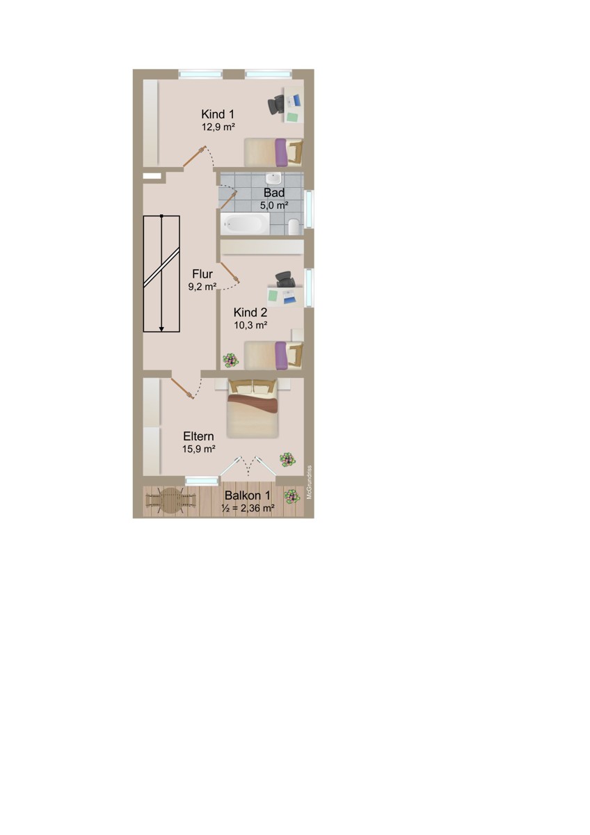 Grundriss Obergeschoss Reiheneckhaus M�nchen / Kleinhadern
