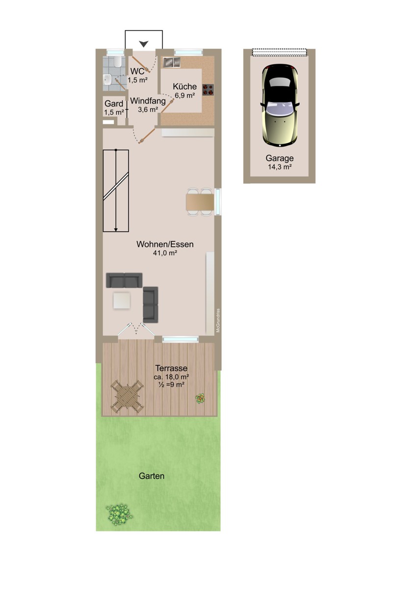 Grundriss Erdgeschoss Reiheneckhaus M�nchen / Kleinhadern