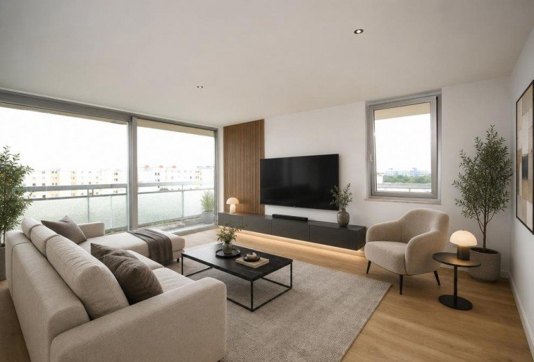 Wohnzimmer / Ki generiert M�nchen Etagenwohnung Bezugsfreie, sch�n geschnittene 2-Zimmer-Wohnung mit traumhaftem Alpenblick.